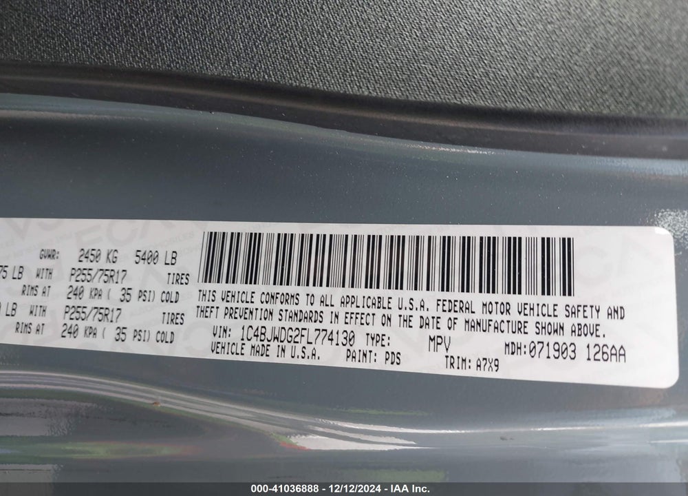 2015 JEEP WRANGLER UNLIMITED SPORT VIN: 1C4BJWDG2FL774130