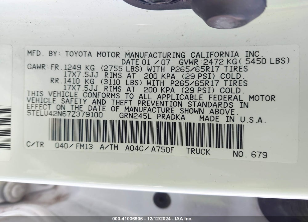 2007 TOYOTA TACOMA DOUBLE CAB VIN: 5TELU42N67Z379100