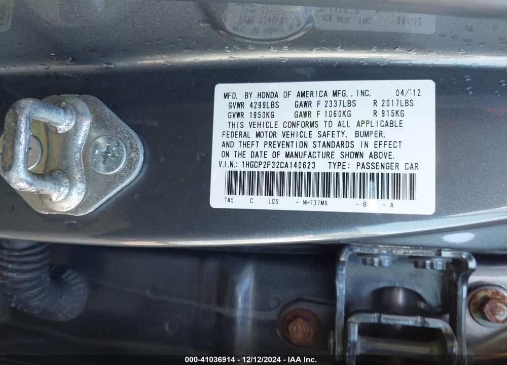 2012 HONDA ACCORD 2.4 LX VIN: 1HGCP2F32CA140623