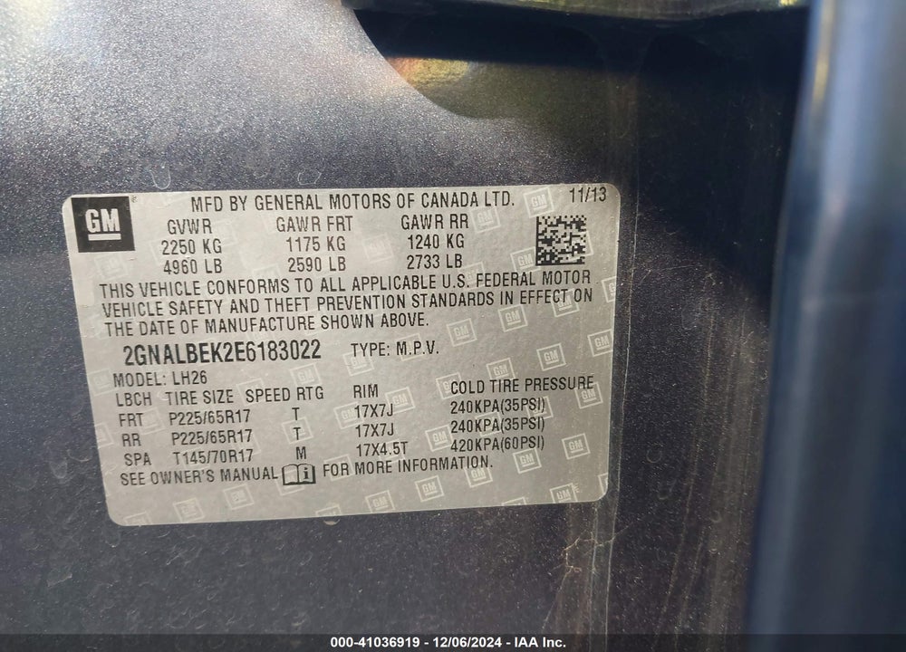 2014 CHEVROLET EQUINOX 1LT VIN: 2GNALBEK2E6183022