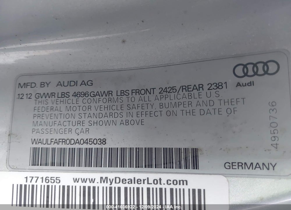 2013 AUDI A5 2.0T PREMIUM VIN: WAULFAFR0DA045038