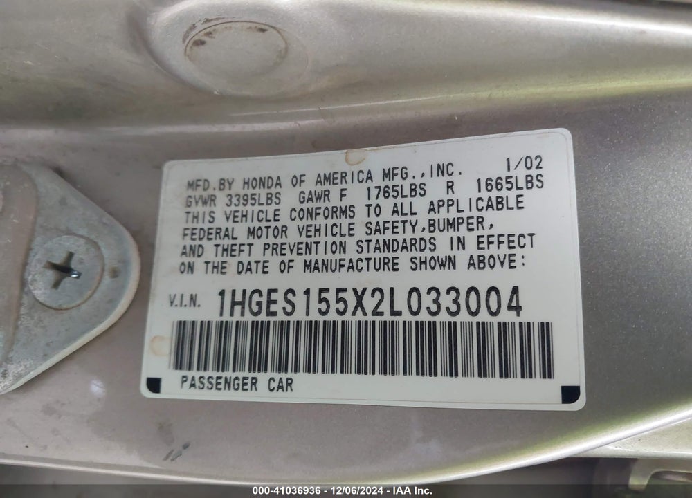 2002 HONDA CIVIC LX VIN: 1HGES155X2L033004