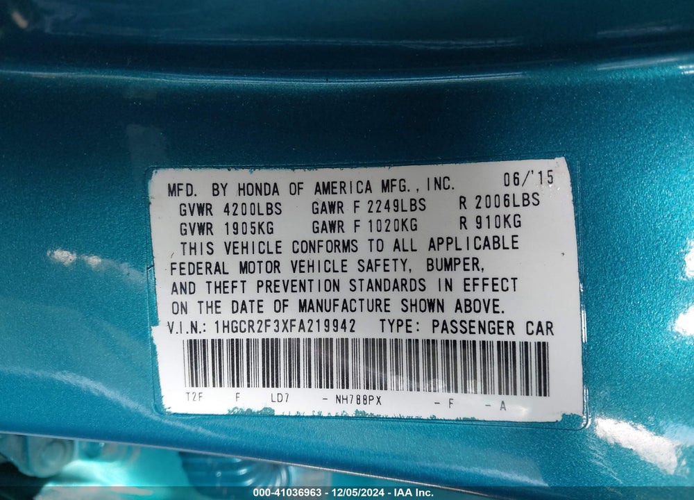 2015 HONDA ACCORD LX VIN: 1HGCR2F3XFA219942