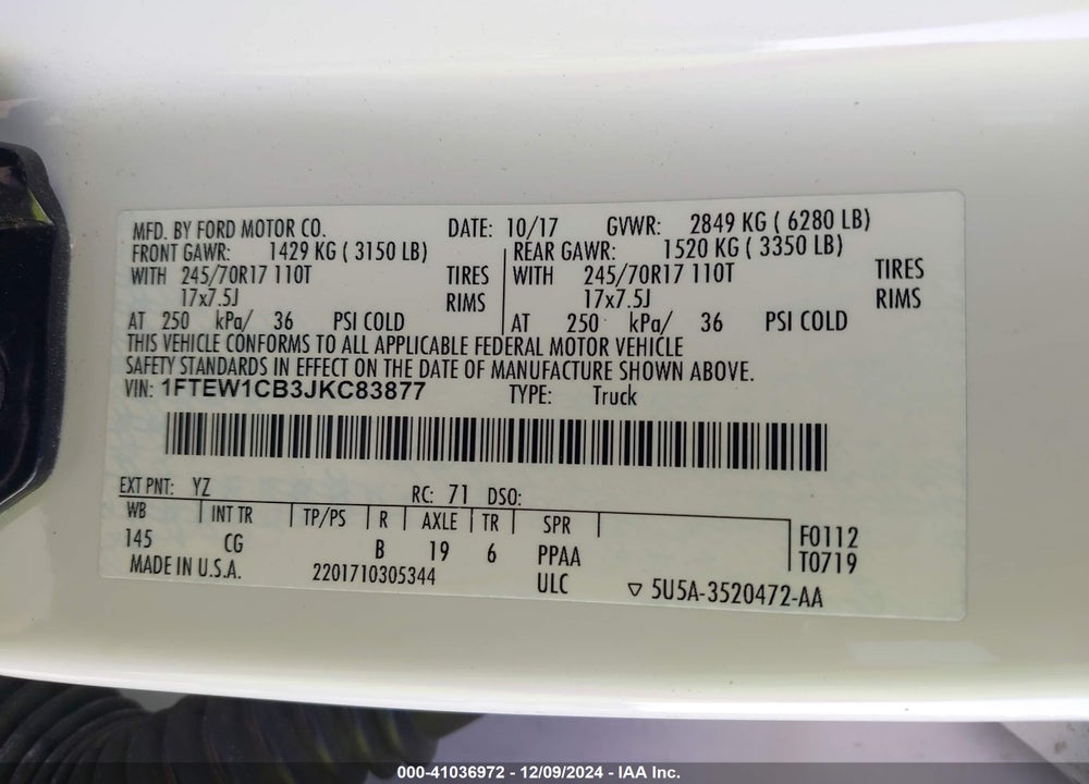 2018 FORD F-150 XL VIN: 1FTEW1CB3JKC83877