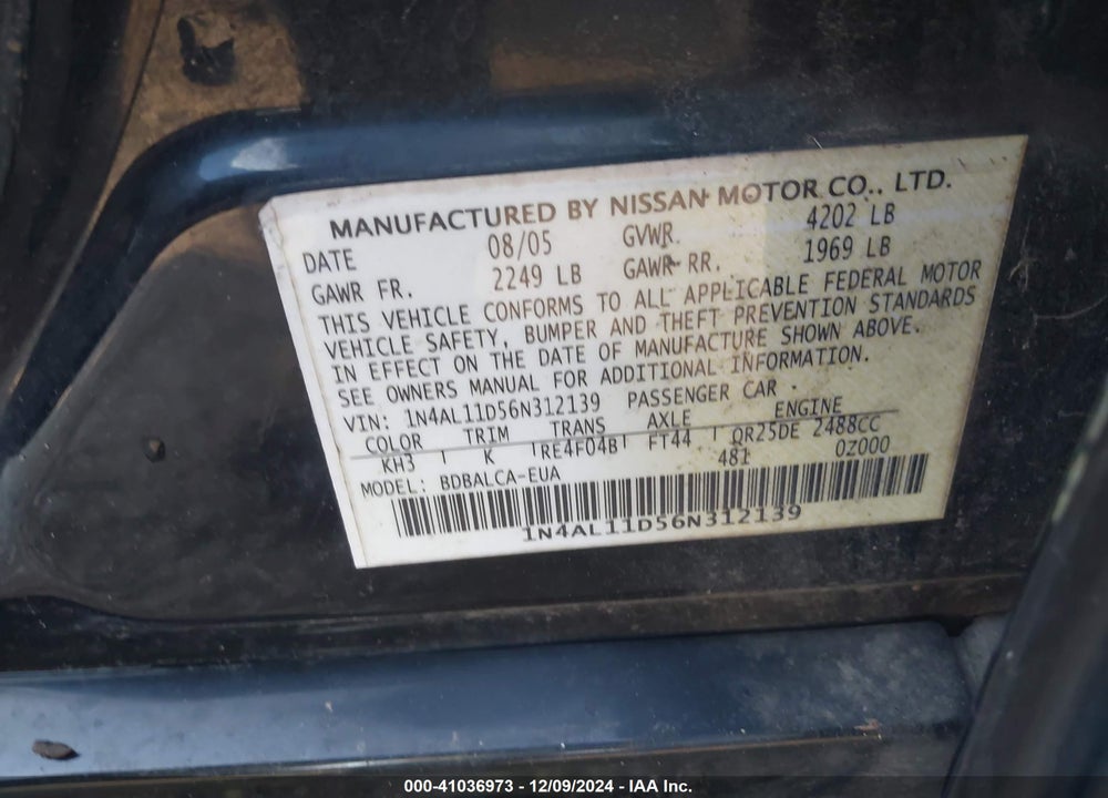 2006 NISSAN ALTIMA VIN: 1N4AL11D56N312139