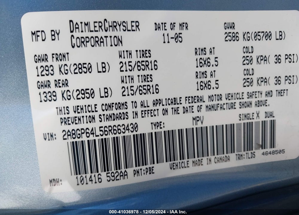 2006 CHRYSLER TOWN & COUNTRY LIMITED VIN: 2A8GP64L56R663430
