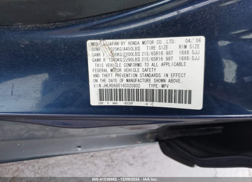 2006 HONDA CR-V LX VIN: JHLRD68516C020802
