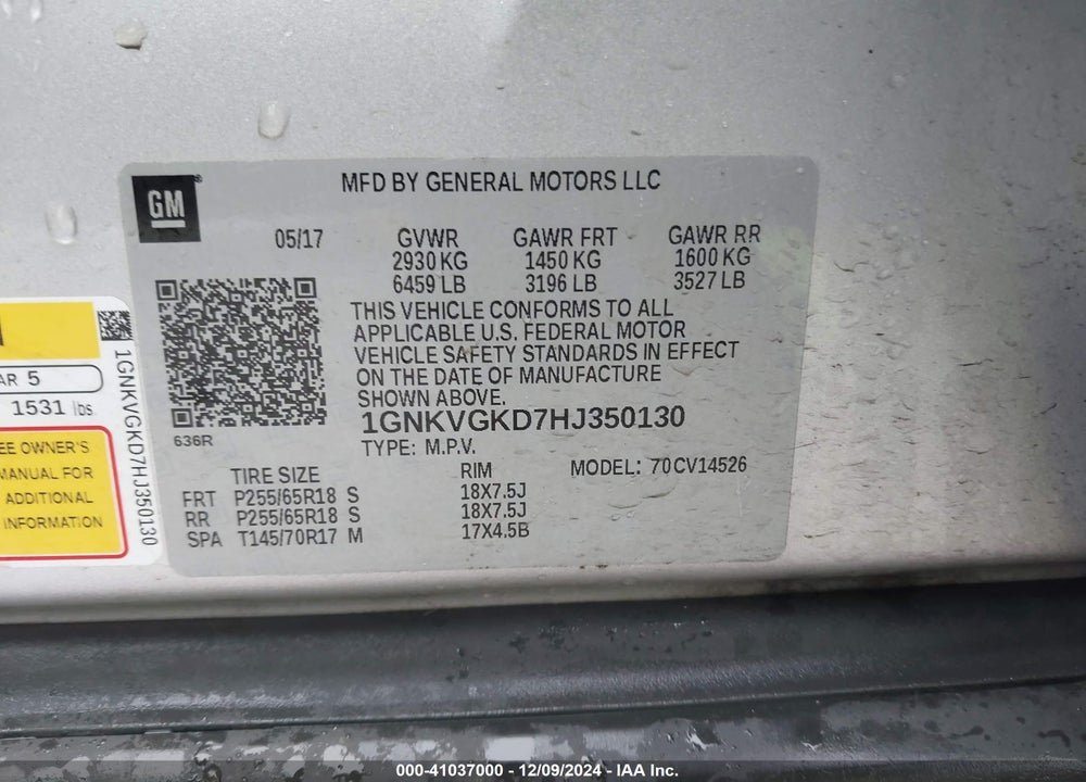 2017 CHEVROLET TRAVERSE 1LT VIN: 1GNKVGKD7HJ350130