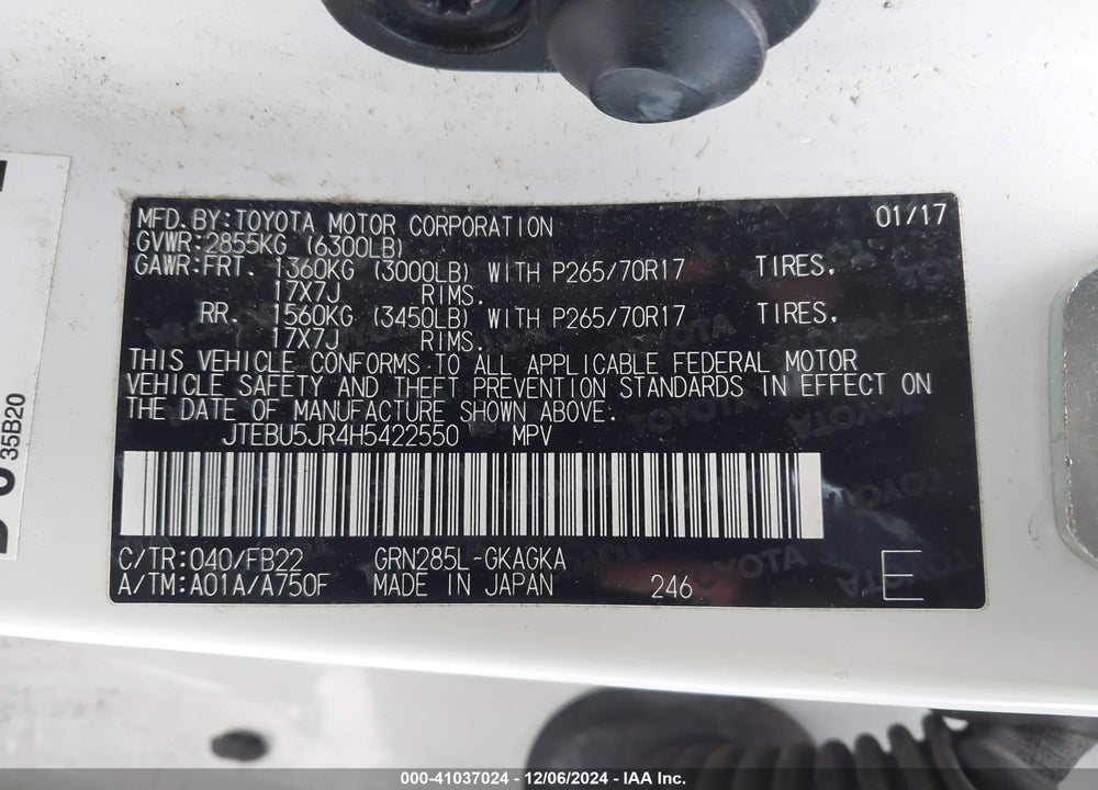 2017 TOYOTA 4RUNNER SR5 VIN: JTEBU5JR4H5422550