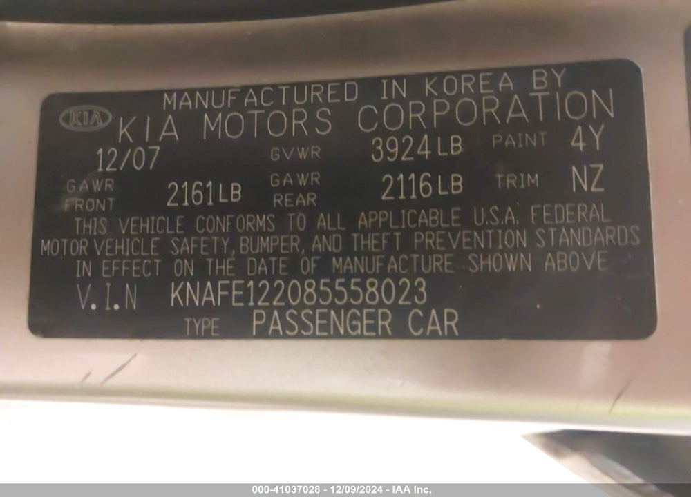 2008 KIA SPECTRA EX VIN: KNAFE122085558023