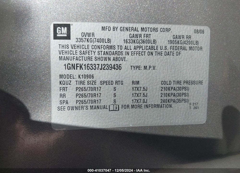 2007 CHEVROLET SUBURBAN 1500 LS VIN: 1GNFK16337J239436