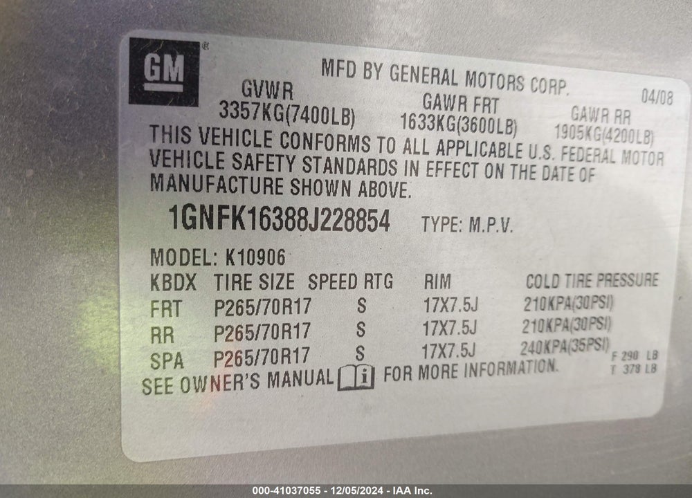 2008 CHEVROLET SUBURBAN 1500 LT VIN: 1GNFK16388J228854