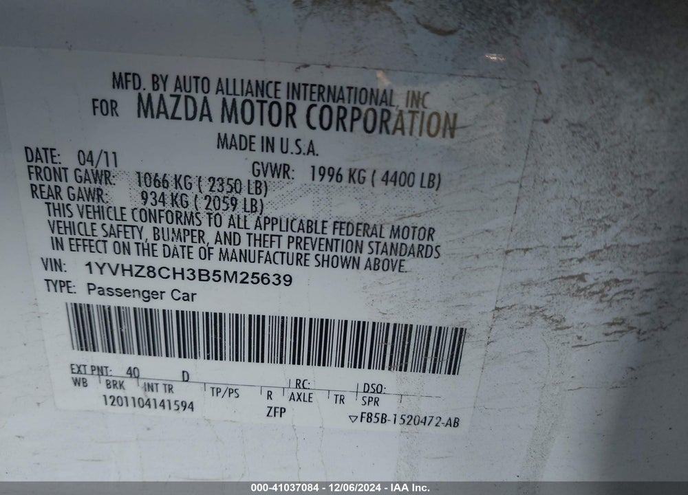 2011 MAZDA MAZDA6 VIN: 1YVHZ8CH3B5M25639