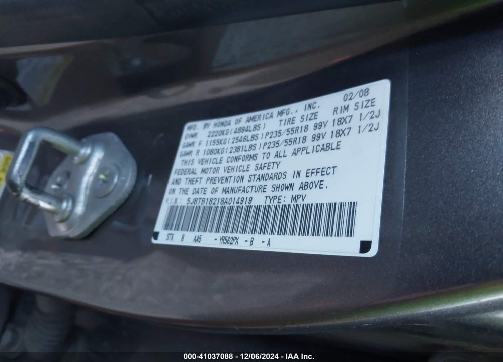 2008 ACURA RDX VIN: 5J8TB18218A014919