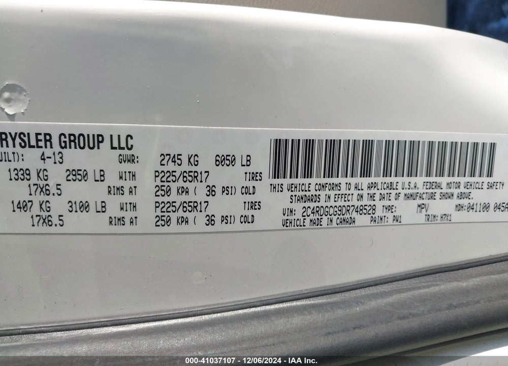 2013 DODGE GRAND CARAVAN SXT VIN: 2C4RDGCG9DR748528