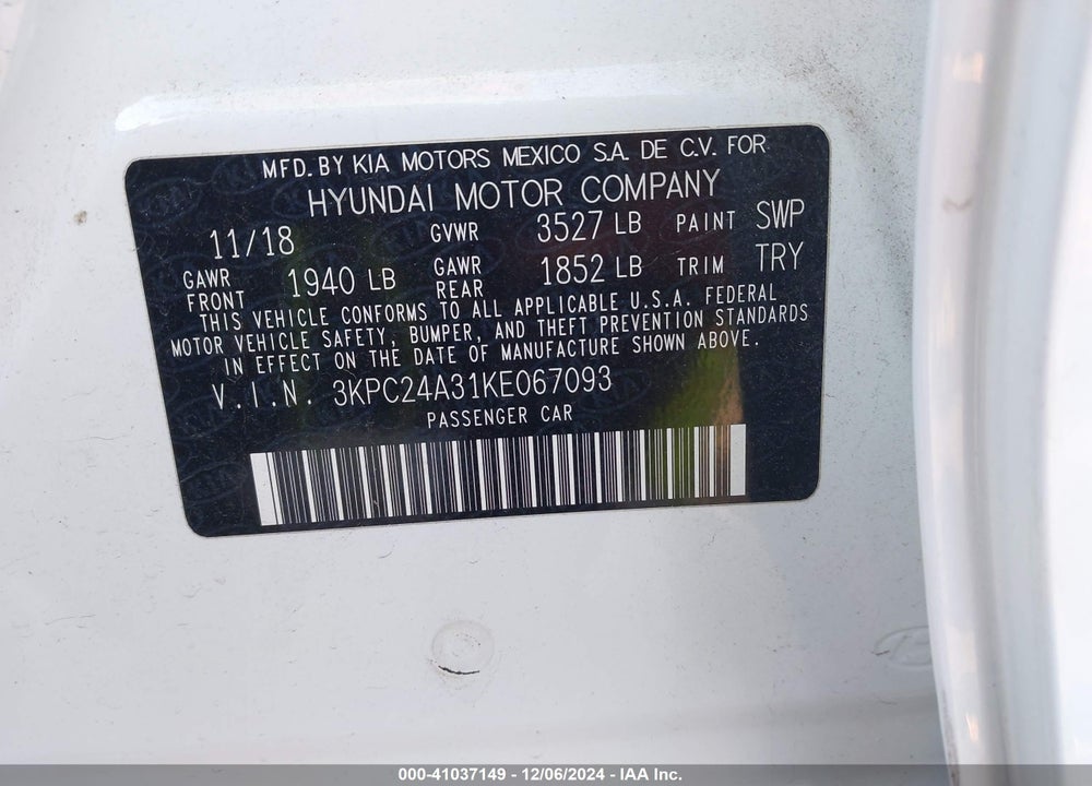 2019 HYUNDAI ACCENT VIN: 3KPC24A31KE067093