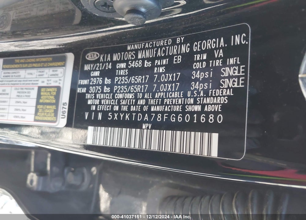2015 KIA SORENTO LX V6 VIN: 5XYKTDA78FG601680