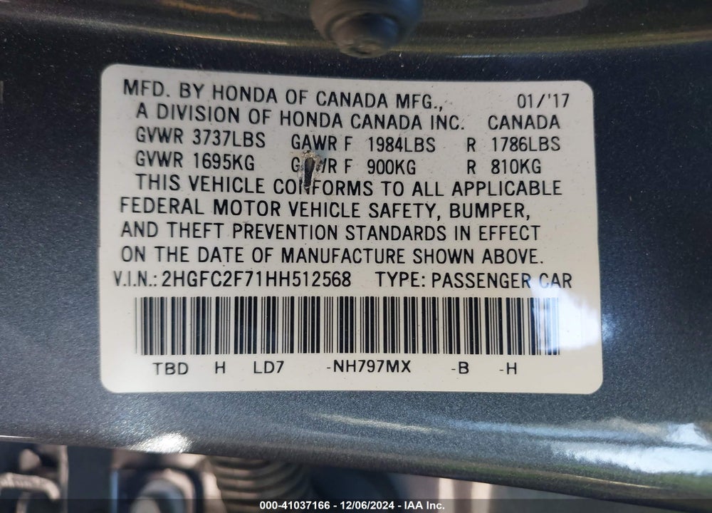 2017 HONDA CIVIC VIN: 2HGFC2F71HH512568
