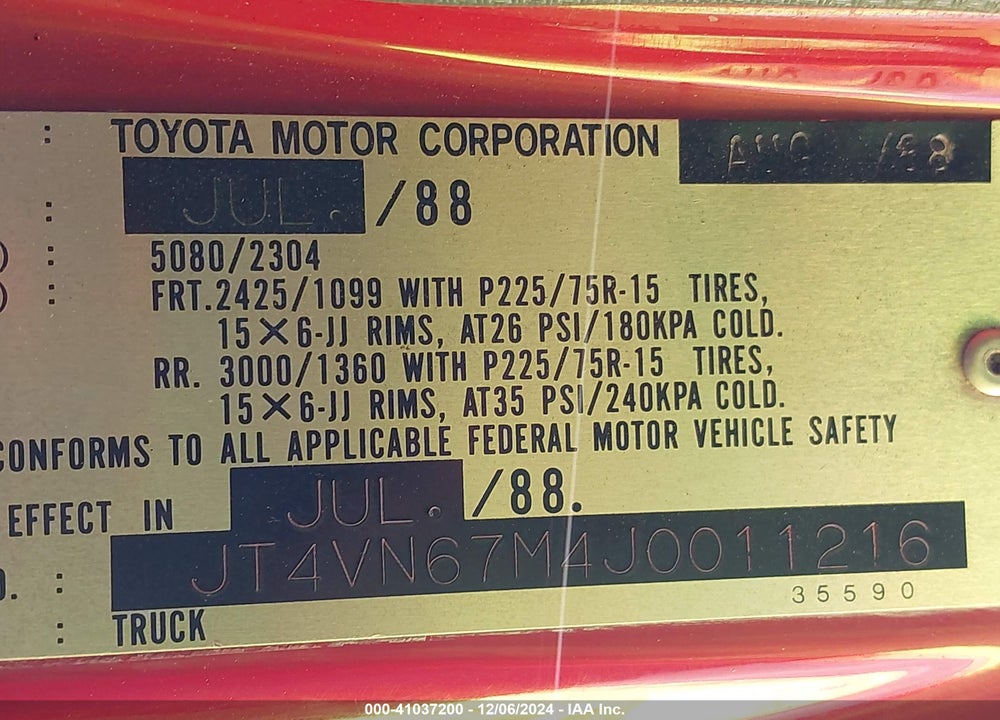 1988 TOYOTA PICKUP SHORT BED XTRACAB VN67SR5 VIN: JT4VN67M4J0011216