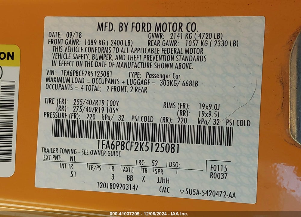 2019 FORD MUSTANG GT PREMIUM VIN: 1FA6P8CF2K5125081