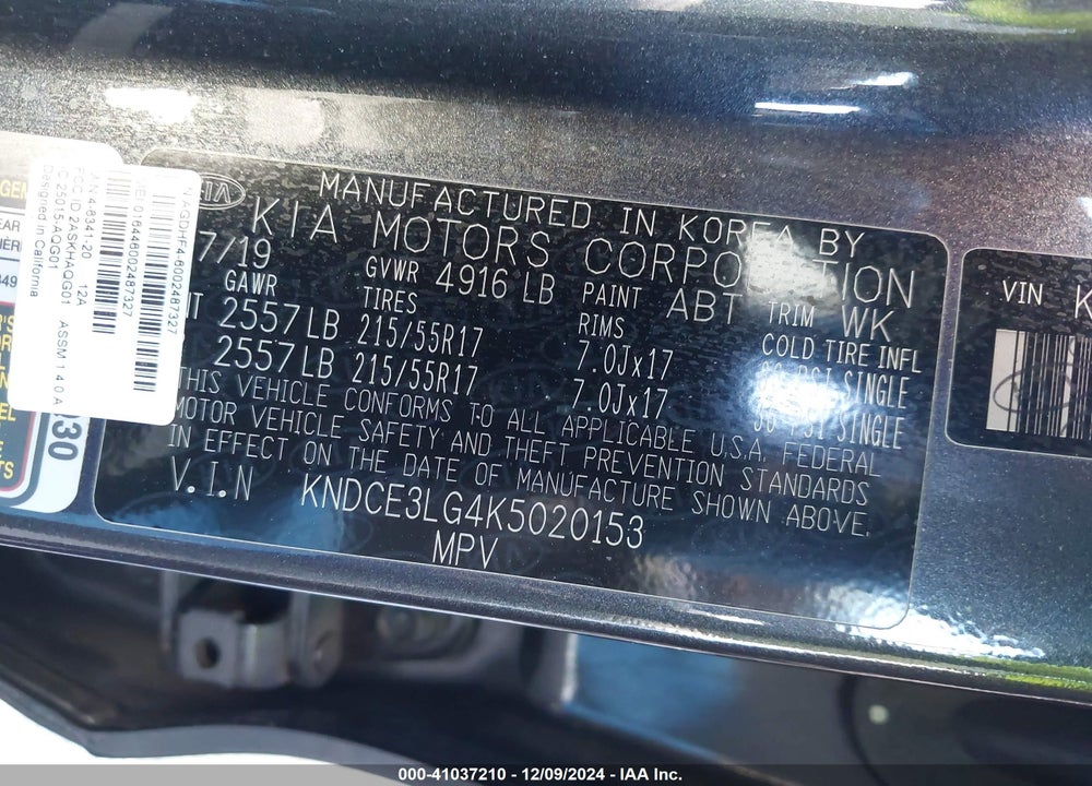 2019 KIA NIRO EV EX PREMIUM VIN: KNDCE3LG4K5020153