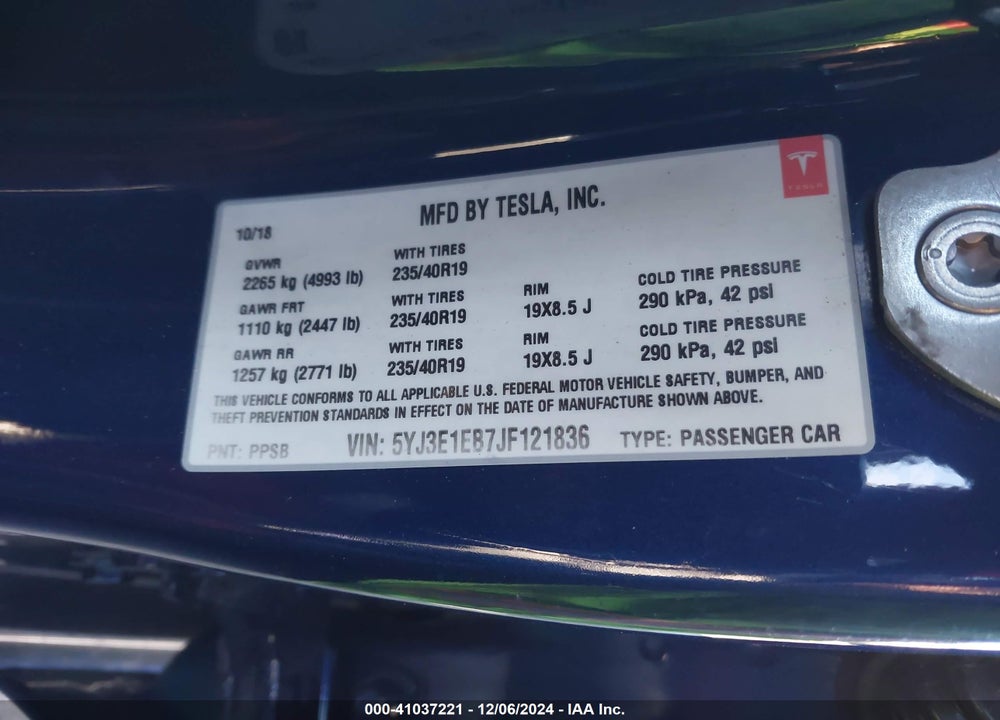 2018 TESLA MODEL 3 LONG RANGE/PERFORMANCE VIN: 5YJ3E1EB7JF121836