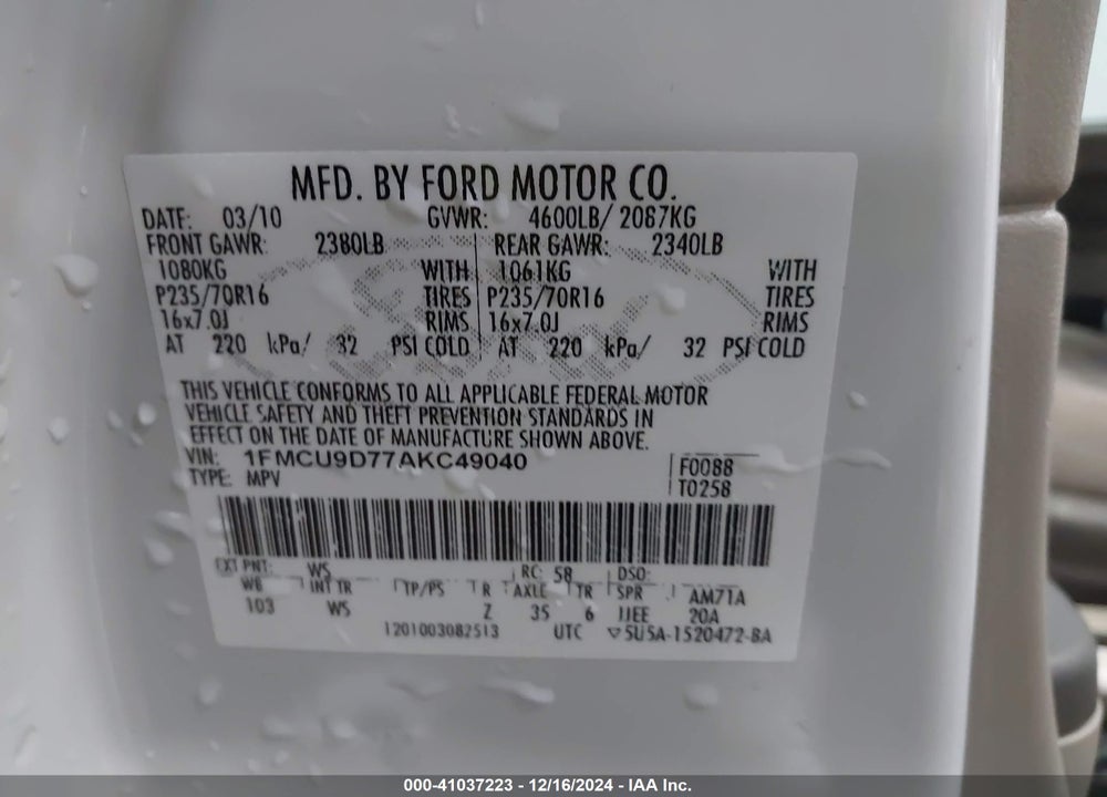 2010 FORD ESCAPE XLT VIN: 1FMCU9D77AKC49040