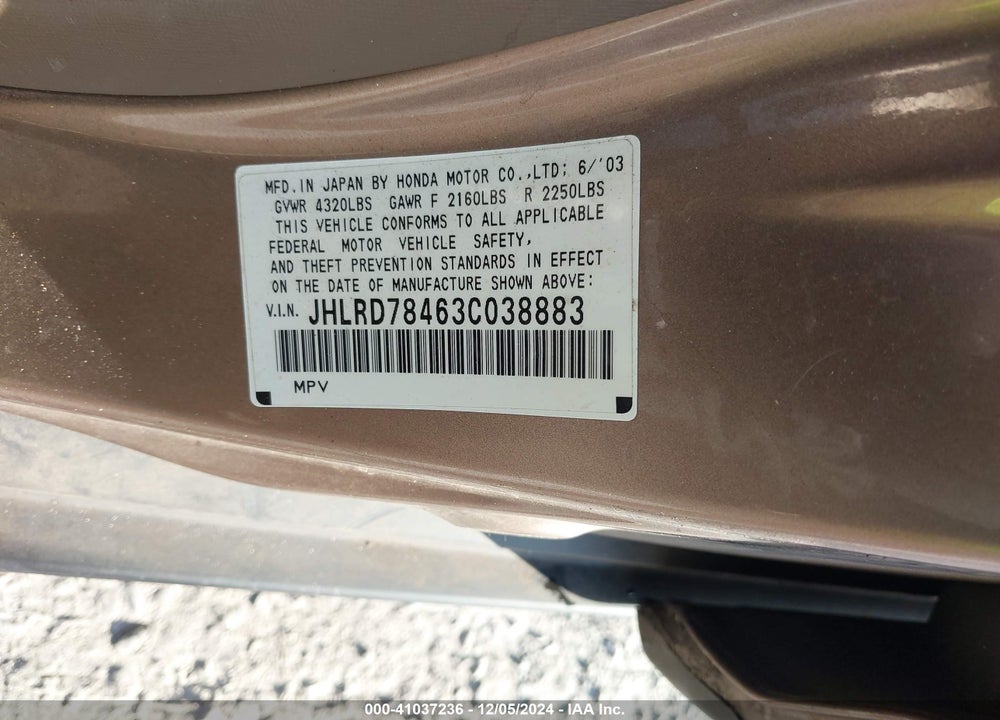 2003 HONDA CR-V LX VIN: JHLRD78463C038883