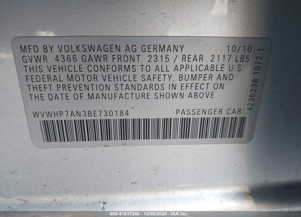 2011 VOLKSWAGEN CC LUX VIN: WVWHP7AN3BE730184