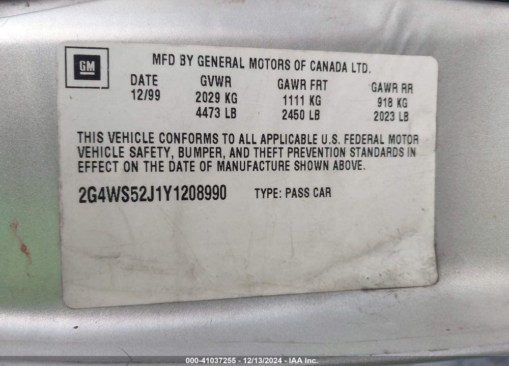 2000 BUICK CENTURY CUSTOM VIN: 2G4WS52J1Y1208990