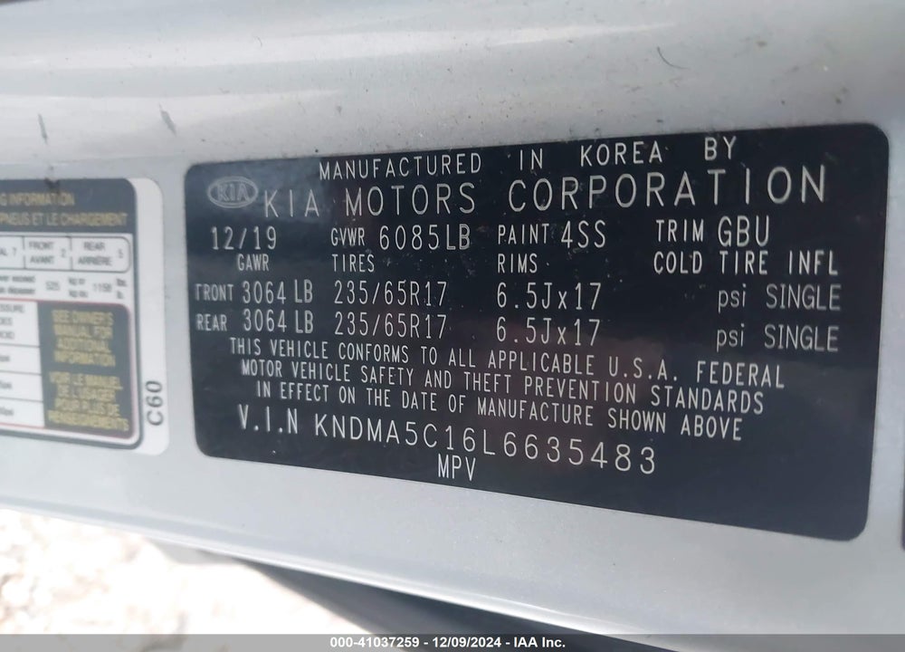 2020 KIA SEDONA L VIN: KNDMA5C16L6635483