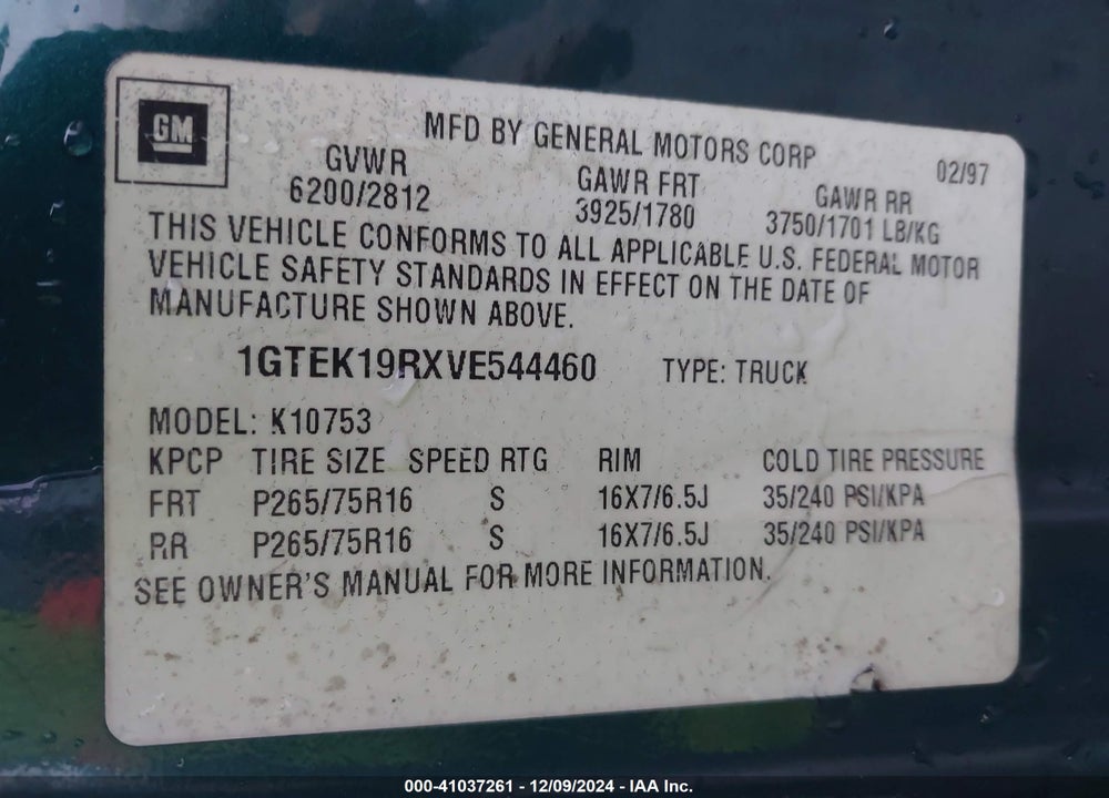 1997 GMC SIERRA 1500 SL WIDESIDE VIN: 1GTEK19RXVE544460