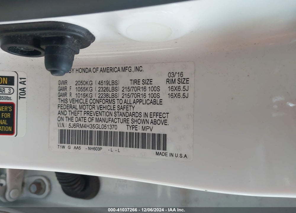 2016 HONDA CR-V LX VIN: 5J6RM4H35GL051370