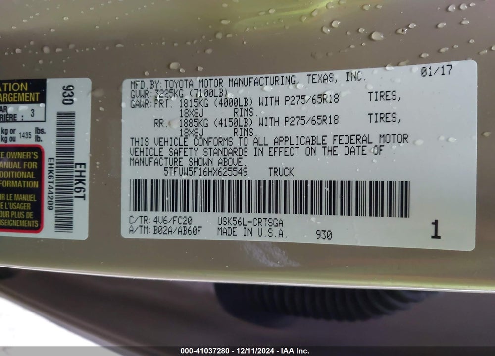 2017 TOYOTA TUNDRA SR5 5.7L V8 VIN: 5TFUW5F16HX625549