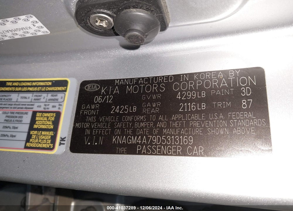 2013 KIA OPTIMA LX VIN: KNAGM4A79D5313169