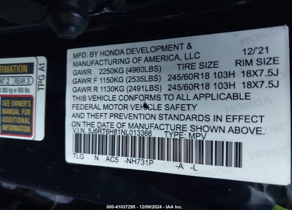 2022 HONDA CR-V VIN: 5J6RT6H81NL013366