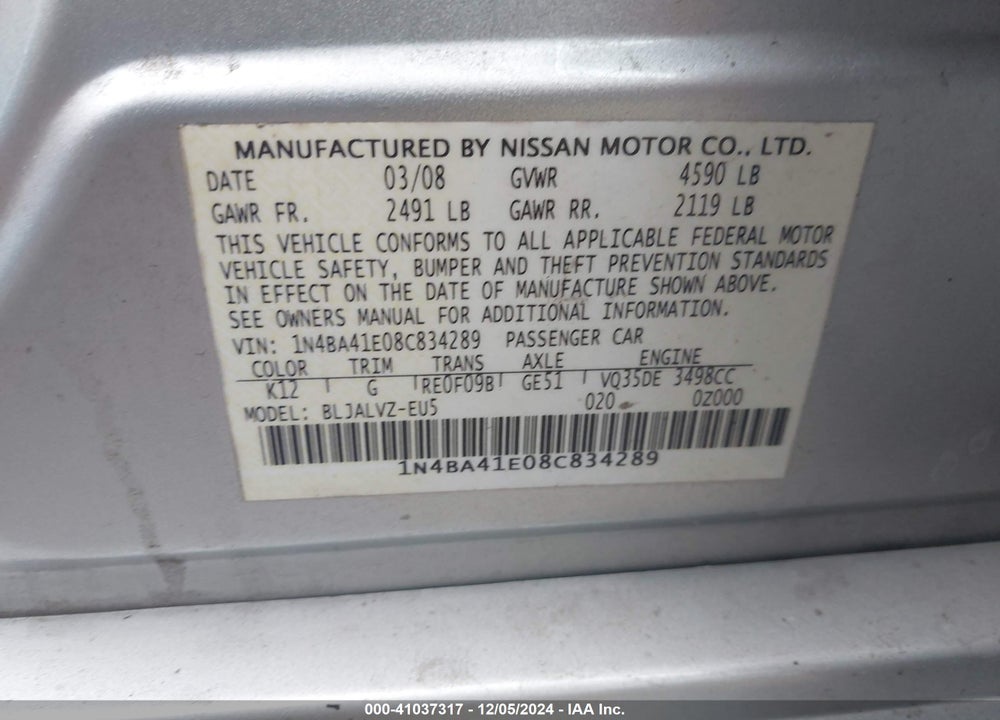 2008 NISSAN MAXIMA 3.5 SE VIN: 1N4BA41E08C834289