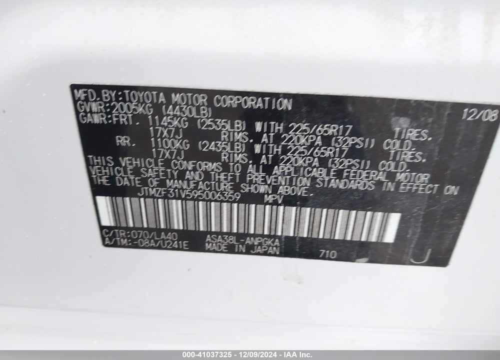 2009 TOYOTA RAV4 LIMITED VIN: JTMZF31V595006359