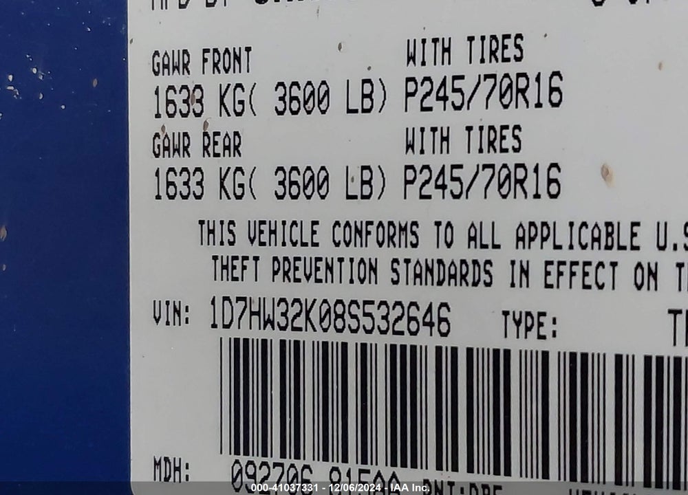 2008 DODGE DAKOTA SXT/BIGHORN/LONESTAR VIN: 1D7HW32K08S532646