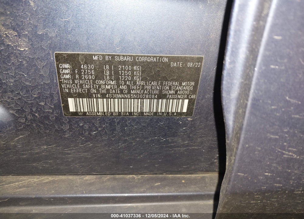 2022 SUBARU LEGACY LIMITED VIN: 4S3BWAN65N3028084