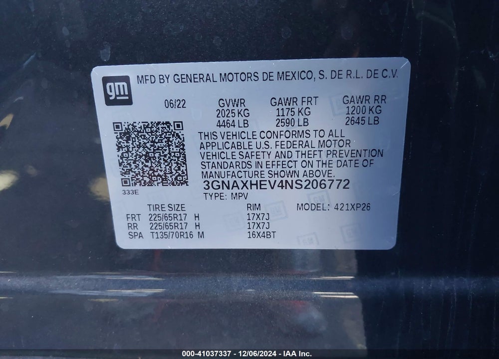 2022 CHEVROLET EQUINOX FWD LS VIN: 3GNAXHEV4NS206772