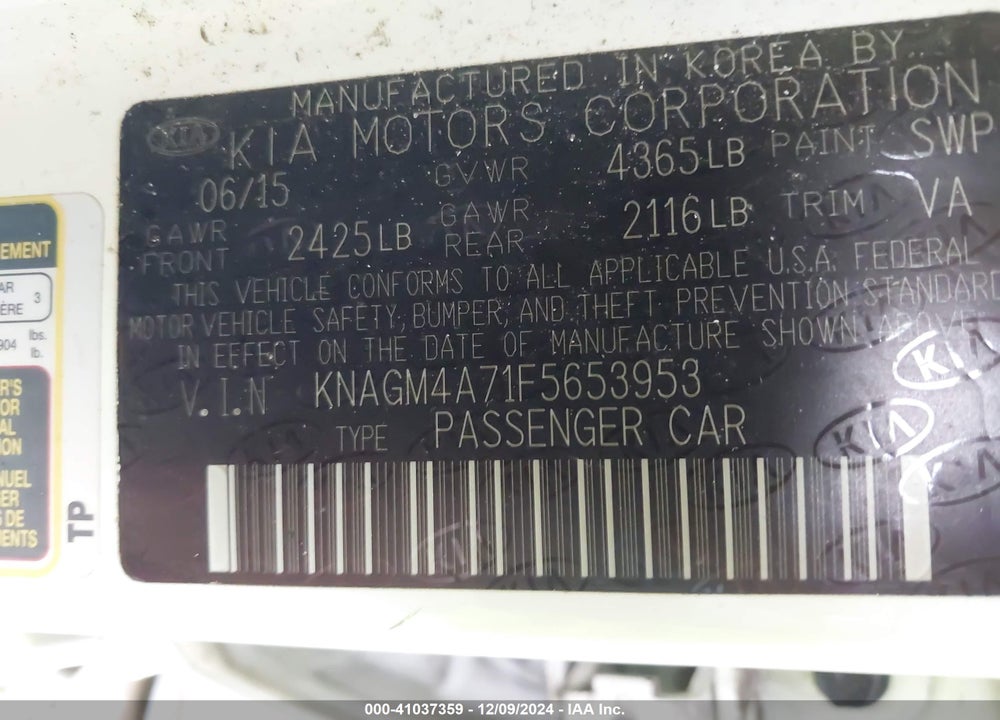 2015 KIA OPTIMA VIN: KNAGM4A71F5653953