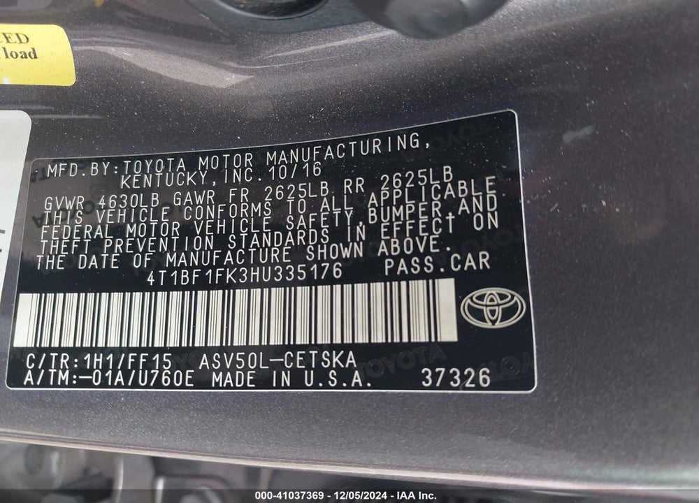 2017 TOYOTA CAMRY SE VIN: 4T1BF1FK3HU335176