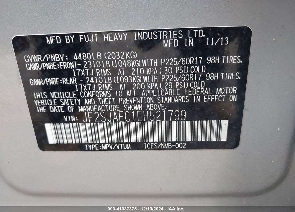 2014 SUBARU FORESTER 2.5I PREMIUM VIN: JF2SJAEC1EH521799