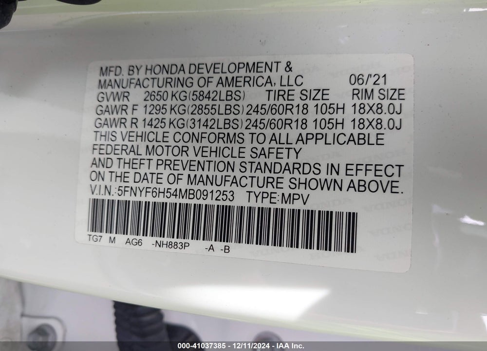 2021 HONDA PILOT AWD EX-L VIN: 5FNYF6H54MB091253