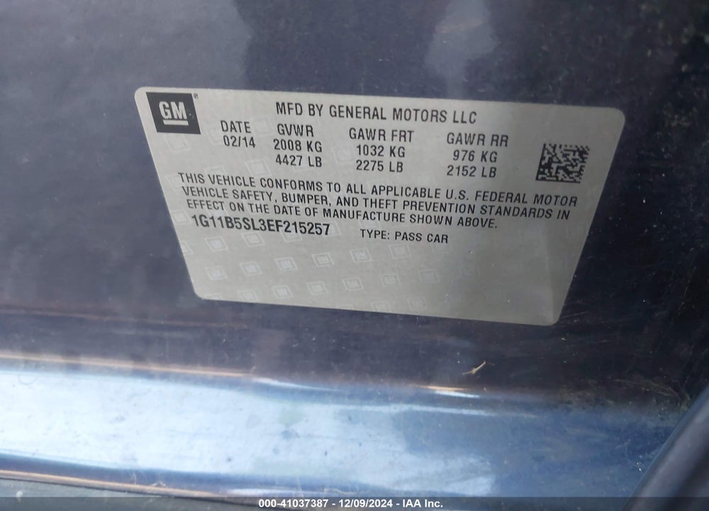 2014 CHEVROLET MALIBU 1LS VIN: 1G11B5SL3EF215257