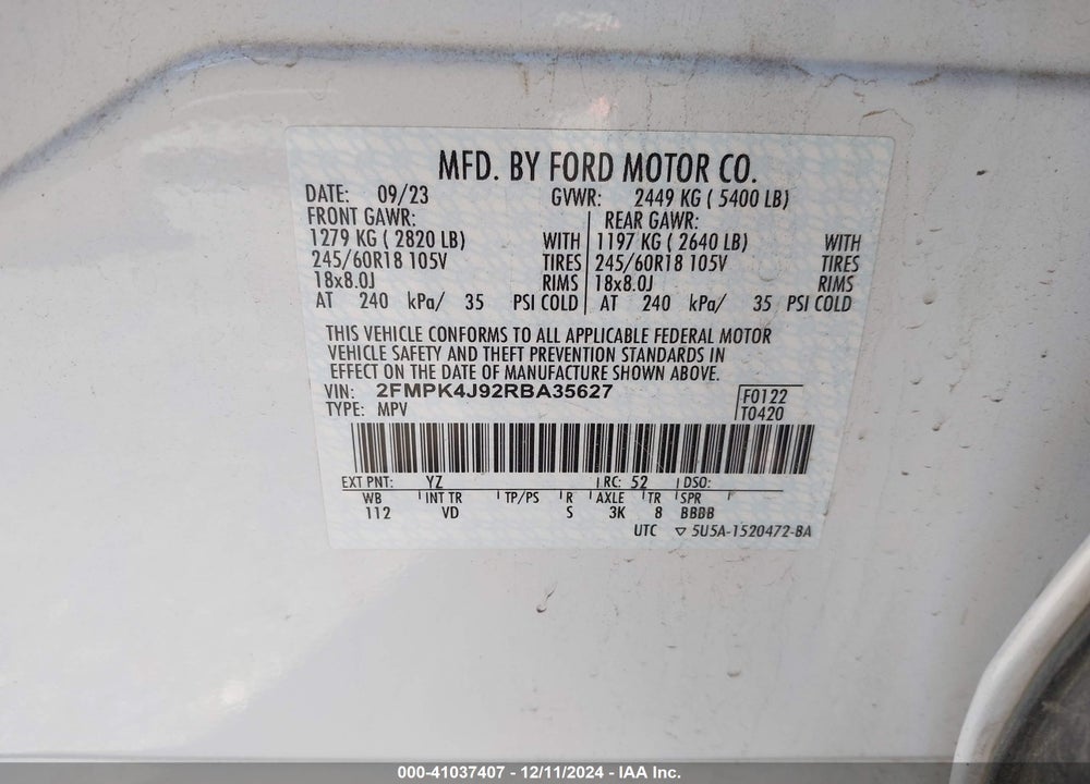 2024 FORD EDGE SEL VIN: 2FMPK4J92RBA35627