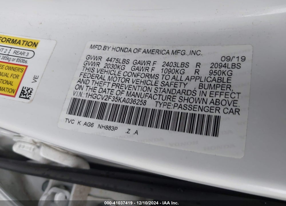 2019 HONDA ACCORD VIN: 1HGCV2F35KA036258