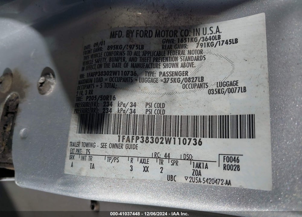2002 FORD FOCUS ZTS VIN: 1FAFP38302W110736