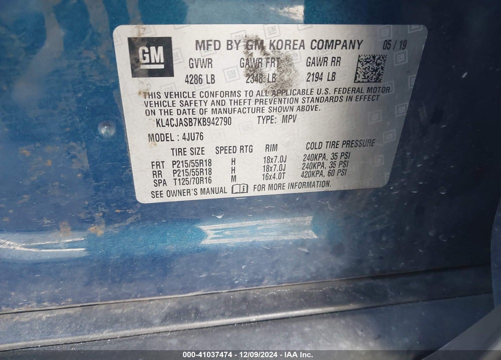 2019 BUICK ENCORE FWD PREFERRED VIN: KL4CJASB7KB942790